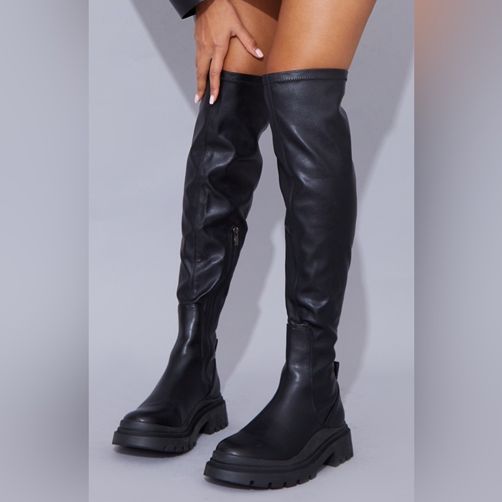 Black PU Over The Knee Chunky Sole Boots